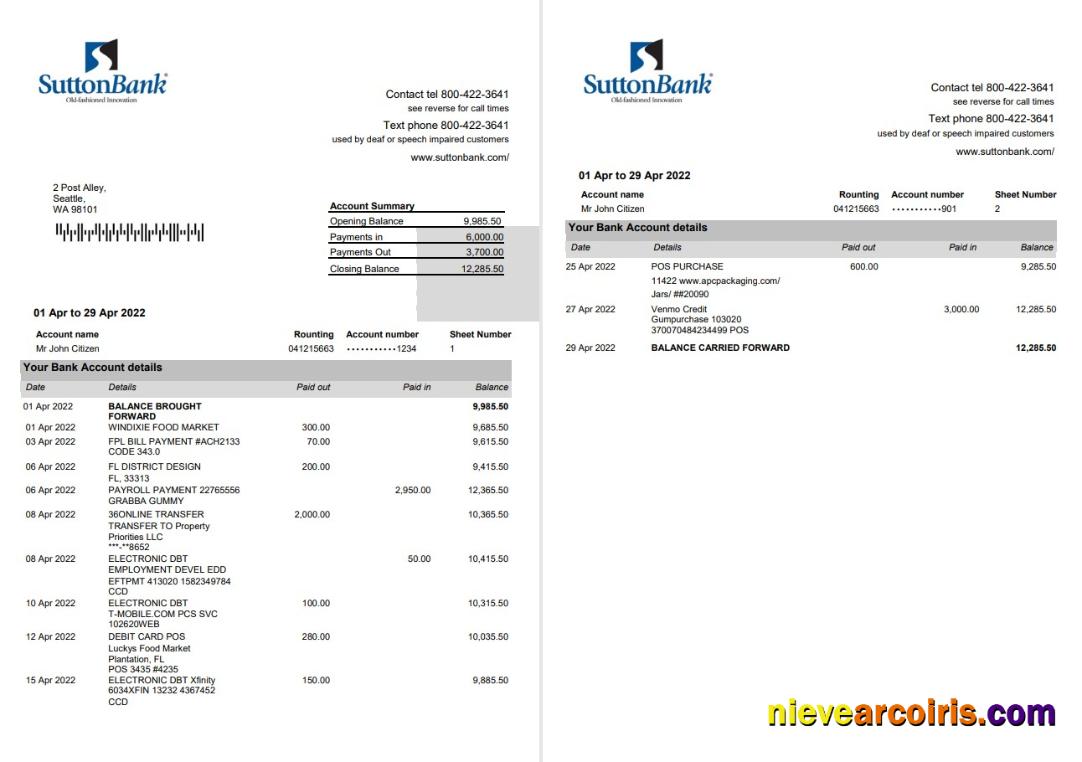 USA Sutton Bank Statement 2 pages